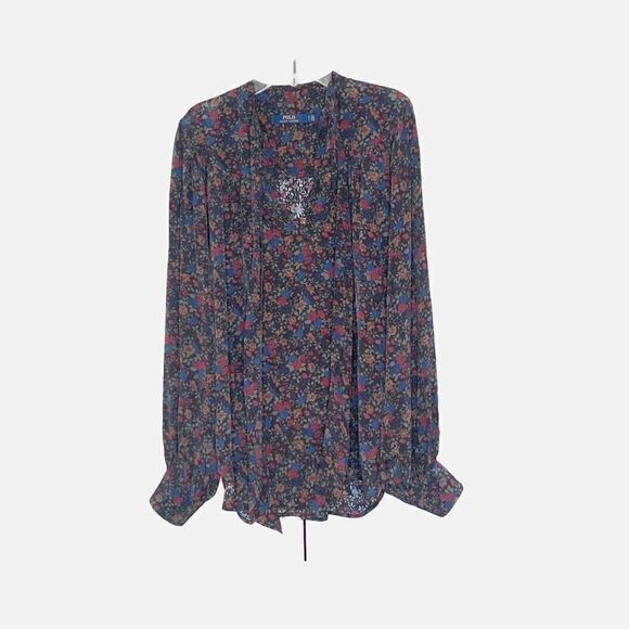 Polo Ralph Lauren Multicolor Fall Floral Print Tie Neck Shirt Blouse Size Small - Picture 5 of 15